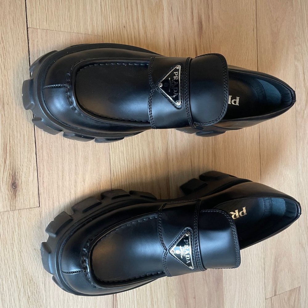 Prada Brushed Leather Monolith Loafers